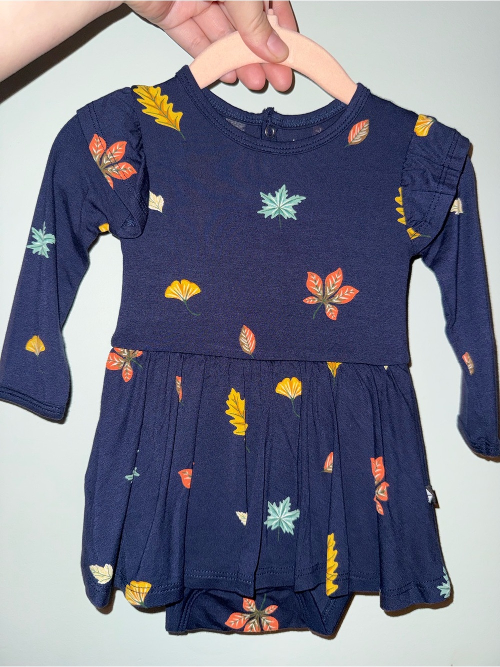 Navy Long Sleeve Baby Dress with Fall Leaf Print